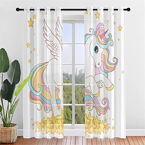 Hiseng Voile Vorhänge mit Ösen Durchsichtig Halbtransparent Ösenvorhang für Fenster Wohnzimmer Schlafzimmer Einhorn Druck Moderne Elegante Transparent Gardine 2er Set (140x275cm,Traumhaft Stern)