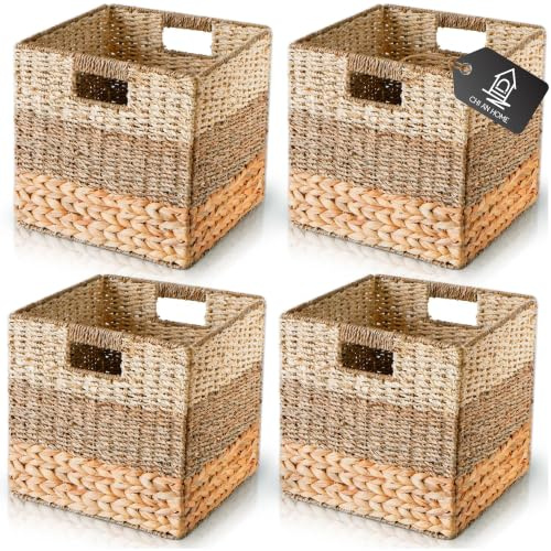 CHI AN HOME Weiden-Aufbewahrungswürfel, 26,7 x 26,7 cm, 4 Stück, robuste Hyazinthenkörbe für Regal, Aufbewahrungswürfel, 27,9 cm, natürliche, faltbare quadratische Körbe für Würfelaufbewahrung, 28,9 x
