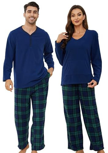 U2SKIIN Schlafanzug Damen Fleece Pyjama lang Karierte Schlafanzüge für Damen Kuschel Pyjama Set warme Nachtwäsche Loungwear (Marineblau/Blaugrün Kariert-W, XL)