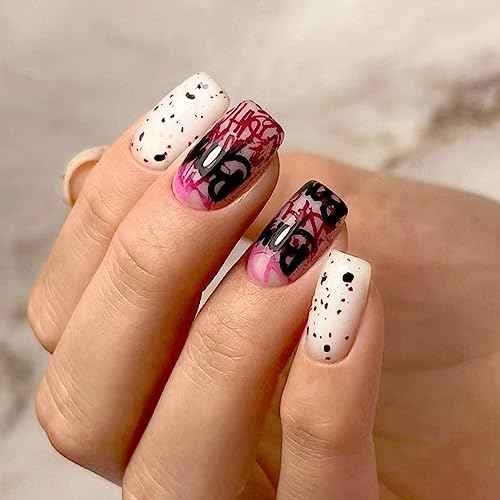 Ceboic 24Pcs Halloween Fake Nails Black Red French Short False Nails Square Cute Shards Press on Nails Artificial Acrylic Full Cover Stick on Nails for Women and Girls Manicure Decorations