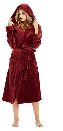 HEARTNICE Damen Fleece Bademantel mit Kapuze, weicher Plüsch Morgenmantel Bädemantel für Damen, flauschig süß Lange Hausmantel (Weinrot, L/XL)