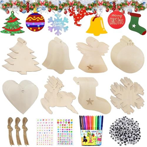 Seasboes 80 piezas de manualidades Navidad madera decoración DIY Navidad manualidades colgantes árbol de Navidad decoración de madera juego de manualidades para niños para Navidad