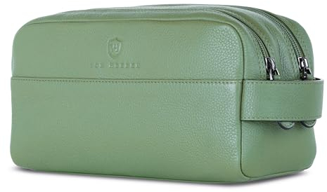 VON HEESEN Kulturbeutel Leder Kulturtasche für Herren & Damen - Echtleder Necessaire ideal zum Reisen - Waschtasche und Kosmetiktasche mit Zwei Hauptfächern grün, groß