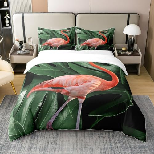 Homewish Coton, Housse de Couette 220x240 Flamant Rose pour Fille, Ensemble de Literie Flamant Tropical, Parure de Lit Feuilles de Palmier Vertes pour Garçon Fille, Literie Romantique