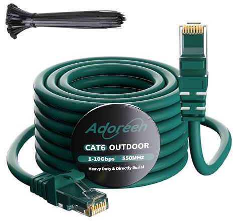 Adoreen Cat 6 Outdoor Ethernet Cable 40 Ft Green, High Speed Heavy Duty Long Internet Network Cable for POE Camera Cat 5 5e RJ45 LAN Patch Cable Cord, Sturdy Waterproof Direct Burial+25 Ties