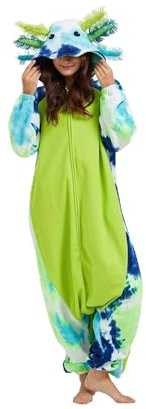 DarkCom Tier Onesie Halloween Cosplay Färberei Grün Axolotl Kostüm Karneval Einteiliger Pyjamas Jumpsuit für Frauen und Männer M