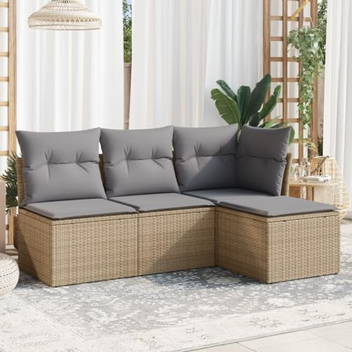 ULUYYUC 4-TLG. Garten-Sofagarnitur, Fußhocker Bodensofa Gartenstühle Eckbank Küche Geeignet für Garten Hinterhof Außenbereich Balkon mit Kissen Beige Poly Rattan