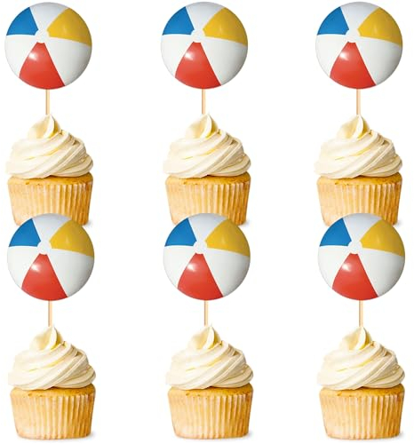 Ercadio Beach Ball 24pcs Double Sided Cupcake Toppers, Sports Theme Party Cake Decoration
