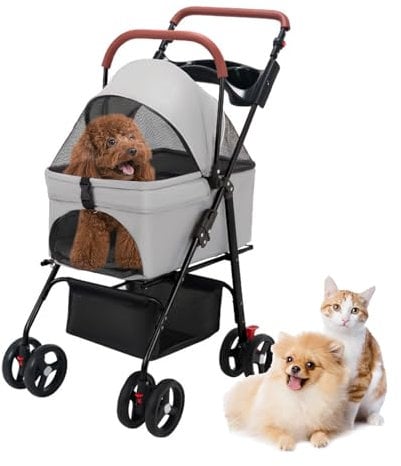 Cadciehe Pet Stroller - Folding 4 Wheels Dog/Cat Carrier for Small/Medium Pets With Storage Basket and Cup Holder