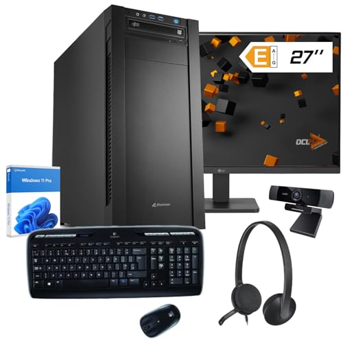 dcl24 Office PC Set komplett AMD Ryzen 5 7500F, GT1030 4GB - 1000GB SSD, 16GB DDR5, 6x5.0 GHz, WLAN, 27 Monitor, Maus, Tastatur, Headset, Windows 11 Pro Multimedia PC für Büro [19826]