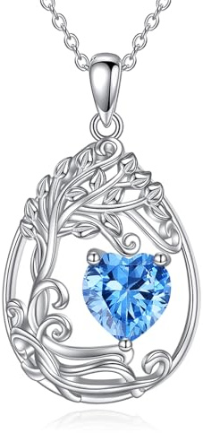 Tree of Life Birthstone Necklace Sterling Silver Teardrop Pendant Birthstone Necklace Gemstone Anniversary Birthday Jewellery Graduation Gifts for Women Wife Girls
