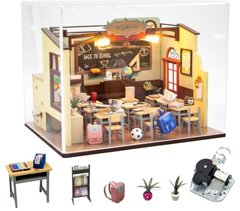 DIY Dollhouse Miniature Kit 1:24 Scale Classroom Model With Furniture LED Lights Wooden Dolls House Puzzle for Teen Kid Friend Birthday Gift (Plus Dust Cover and Music Box)