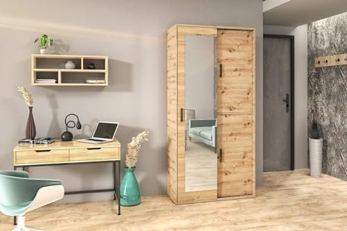 BEAUTY SOFA - Schrank - Spiegelschrank - Kleiderschrank mit Schiebetüren und Spiegel - Garderobenschrank, Mehrzweckschrank, Flurschrank, mit Einlegeböden, Kleiderstange - Eiche Artisan - Breite 100cm