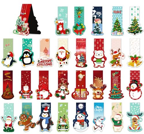 Agoer Lesezeichen Weihnachten 30 Stück, Magnetische Lesezeichen Kinder Bunt, Seiten Clips Mitgebsel Weihnachten Kinder - 30 Verschiedene Weihnachtsmuster für Kinder Schüler Lehrer