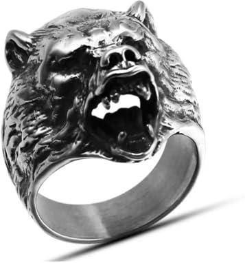 Caiduoduo Dominante Herren Bärenkopf Slawischer Ring Punk Tier Edelstahl Biker Ringe für Männer Nordisches Amulett Schmuck