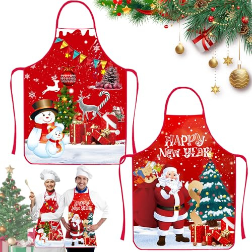 YISKY 2 Piezas Delantales de Navidad, Delantal Navidad Impermeable, Delantal de Navidad, Rojo Delantal Cocina Adultos, Delantal de Cocina de Navidad, para Navidad Fiesta Nochebuena Cocina Restaurante
