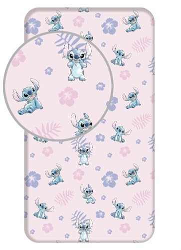 Disney Lilo und Stitch Spannbettlaken Betttuch Spannbetttuch Stitch mit Blumen 90 x 200 + 25 cm 100% Baumwolle