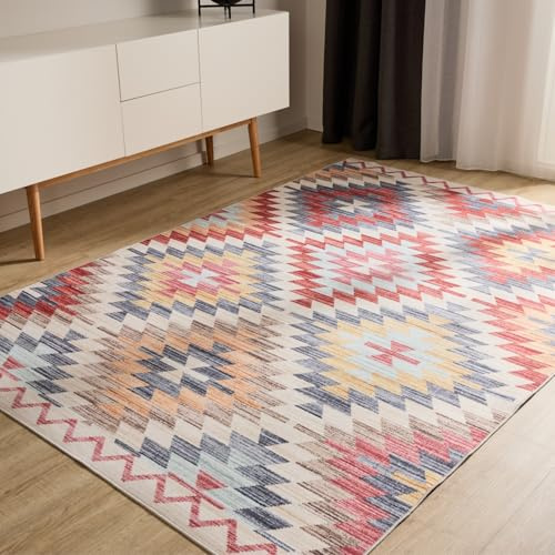 benuta Basic Waschbarer Teppich George - Multicolor/Beige 160x230 cm - Kunstfaser - Rechteckig & im Style: Kelim, Ethno-Style, Shabby Chic - Pflegeleicht für Wohnzimmer Schlafzimmer