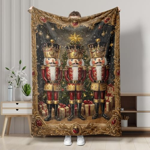 Nutcracker Christmas Fleece Blanket, Red Traditional Nutcracker Holiday Decor Throw Blanket, Cozy Soft Warm Blanket for Sofa, Bed, All Season 60x80 Inch