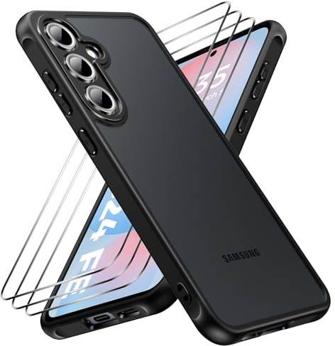 caslord Hülle für Samsung Galaxy S24 FE 5G mit 3 Stück Panzer Schutz Glas, [Kameraschutz] [Stoßfest] Handyhülle, Matt Durchscheinende Rückseite Anti-Fingerabdruck Schutzhülle Case, Schwarz