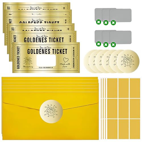 LILELIG 6 PCS/Set Goldenes Ticket Rubbellose Wunschgutschein mit Rubbelaufkleber zum Ausfüllen + 4 Blatt Goldene Rubbellose, Rubbel Gutschein Rubbel, Geschenk Idee für Frauen, Freundin, Mama, Kind