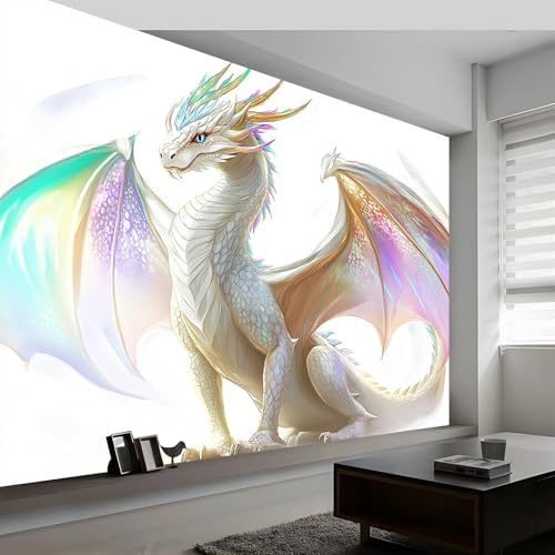 Vlies Fototapete 3D Effekt 300 x 210 cm Wandbild Schlafzimmer Wohnzimmer Wand Dekoration Fantasy Weißer Drache Motivtapeten Poster tapete Weiß Fototapete für Kinderzimmer Büro