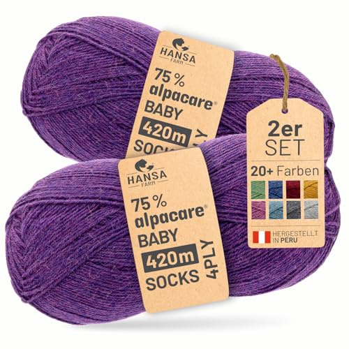 HANSA-FARM |alpacare 75% waschbare Baby Alpaka Socks 224g Set (2 x 112g) Sockenwolle kratzfreie Wolle zum Stricken & Häkeln - HF204 Lila Melange
