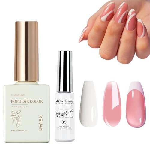 French Manicure Kit,Jelly Pink and White Polish Set for French Tip Manicure - Jelly Nude Pink Gel Varnish with White Gel Liner Polish Set Painted Soak Off UV/LED gel Nail Varnish DIY at Home