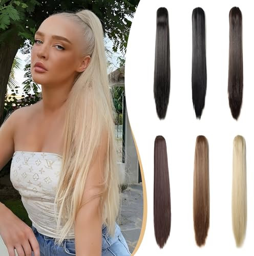 Benehair Pferdeschwanz Haarteil 66 cm Zopf Extension mit Klammer Glatt Lang Ponytail Extension Haarverlängerung Clip Synthetik Haarverlängerung für Frauen(Aschblond gemischt mit Platinblond, 150g)