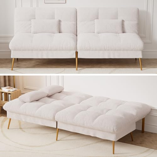 COMHOMA Fabric Sofa Bed 3 Seater Upgraded Frame 5-Gear Back Angle Adjustable Futon Sofa for Living Room, Guest Room (Fabric, White-Teddy Velvet)