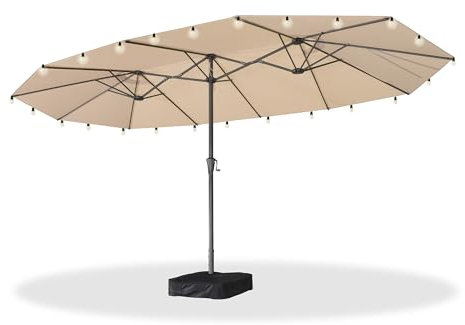 PURPLE LEAF Sombrilla de jardín exterior 455 x 270 cm de aluminio, gran sombrilla doble con LED y pie, para terraza, jardín, balcón y piscina, beige, Modèle avec Lumières