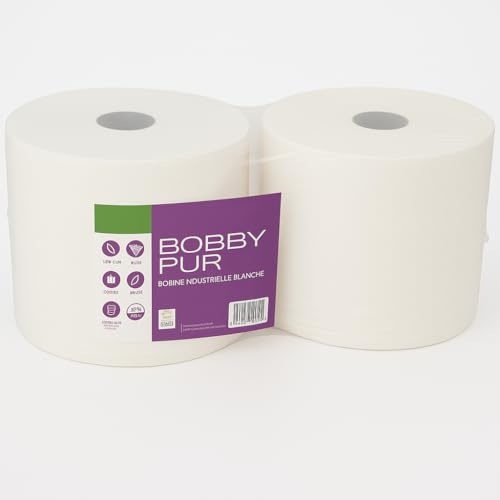 Lot de 2 Bobines Essuie-Mains 1500m – Pure Ouate Blanchie Écolabel – 2 Plis Haute Absorption – Usage Maison, Atelier, Collectivités, Cuisine, Garage
