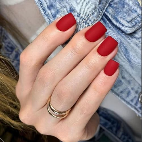 SXVME Matte Red Press on Nails Short Square, Short False Nails Coffin, Natural Velvet Light Red Fake Nails Set, Pure Color Full Cover Soft Gel Stick on Nail for Women Fall Winter 24 Pcs