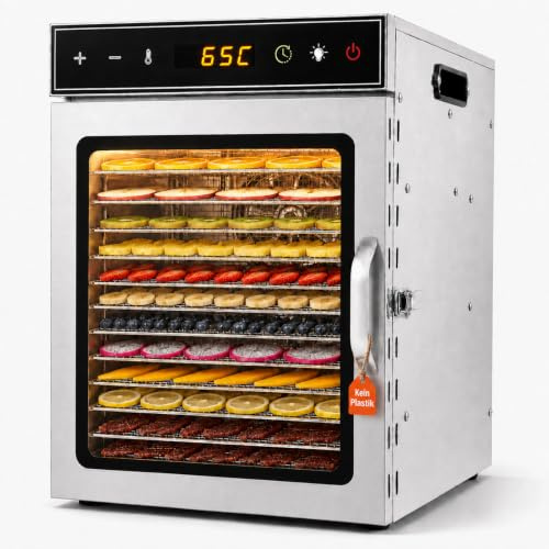 Dörrautomat mit 12 Edelstahl oiyocemo Dörrgerät für Jerky | 1000 W für Kräuter, Temperaturregelung bis 90 °C, 24-Stunden-Timer, leistungsstarke Trocknungsfunktion für Obst und Joghurt