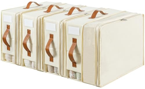 Bed Sheet Organizers and Storage, 4 Pack Linen Closet Organizers with Adjustable Zipper, Foldable Bedding Storage for Queen or King Size Bedsheets, Duvet Covers and Pillows