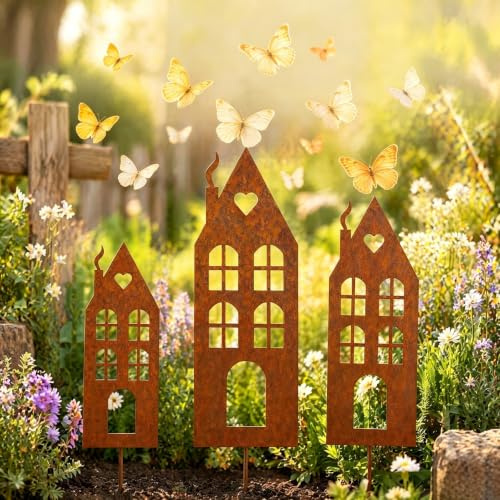 JACKANNA Rostige Gartendeko Gartenstecker Rost Deko Haus 3er Set, Garten Deko Draußen und Weihnachtsdeko Blumentopf, Metall Haus, Wetterfester Edelrost für Draußen