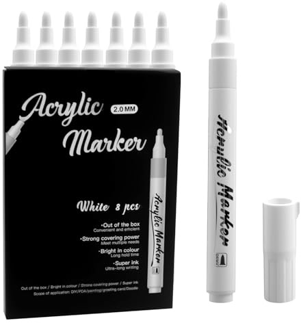 Ucfalfo 8 Pack White Acrylic Paint Pens Thick 2 mm, Waterproof White Permanent Marker pen, Paint Marker for Paper, Rock, Metal, Glass, Wood, Fabric, Plastic, Leather, Tyres and DIY Painting