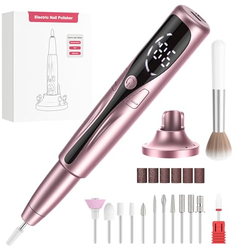 PKBD 12 en 1 Torno para Uñas Profesional 20000 RPM con Base de Carga | Lima Eléctrica Uñas con Brocas Cerámica. Manicura y Pedicura Eléctricas Portátil Velocidad Ajustable, Oro Rosa.