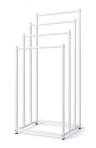 OWLKELA Porte-Serviettes sur Pied Blanc, 4 Barres en métal laqué | Porte-serviettes sans perforation en métal laqué, convient pour salle de bain, chambre à coucher, balcon, salon