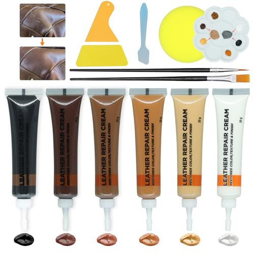 Leder Reparatur Set 6 Farben, Flüssigleder Braun, Kunstleder Reparaturset | Lederfarbe Braun, für Reparatur von Kratzern, Löchern und Verfärbungen auf Leder-Autositzen, Sofas, Handtaschen