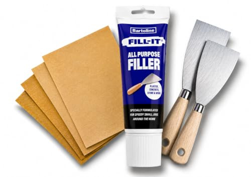 Plaster, Wood & Wall Filler White 330g + 2 and 3 Filling Tools & 4 Sandpapers (2 Coarse, 2 Fine) – Wall Repair Kit & Filler for Crack, Hole & Gap Repair on Plaster, White Wood Filler