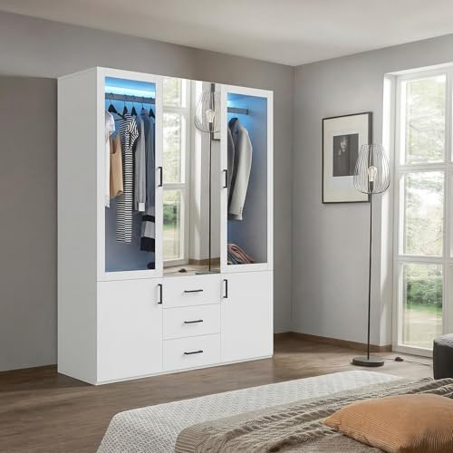 Armario blanco con LED, armario con espejo, armario con puertas giratorias, 2 puertas de vidrio, 2 puertas, 3 cajones, barra para ropa, armario moderno para dormitorio, habitación infantil