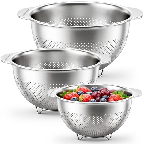 Greentainer Set 3 Coladores Acero Inoxidable 18/10, Escurridor para Pasta y Verduras, Base Antideslizante, Mango Ancho, Apto Lavavajillas, para Espaguetis, Arroz, Frutas, Quinoa y Legumbres