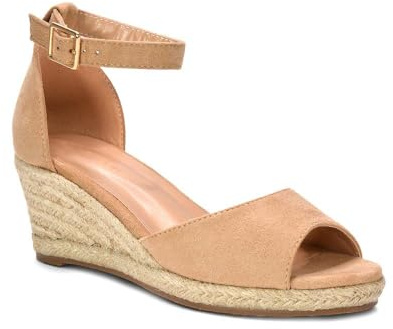 Womens Espadrille Wedge Sandals Ladies Faux Suede Peep Toe Ankle Strap Ladies Low Mid Heel Shoes Size 3-8