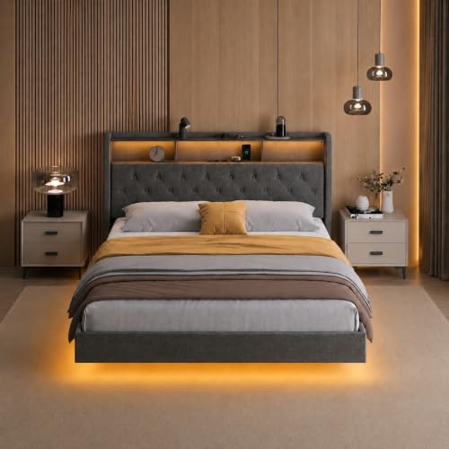 Xbro Polsterbett 140x200 cm mit LED-Beleuchtung & Ladestation (USB/Steckdose), schwebende Optik, gepolstertes Kopfteil mit Stauraum, Lattenrost, Dunkelgrau (ohne Matratze)