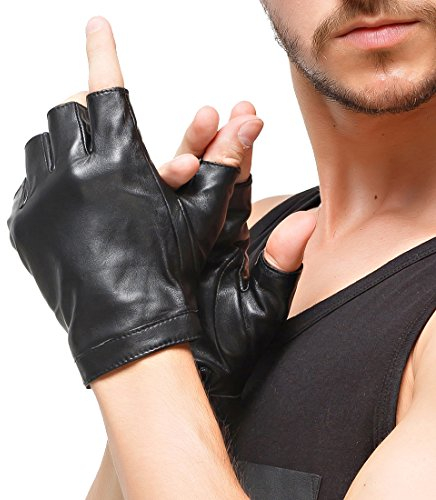 Nappaglo Herren Fingerlose Lederhandschuhe Lammfell Weiches Seidenfutter Halbfinger für fahren Radfahren Outdoor Handschuhe, Schwarz, XL