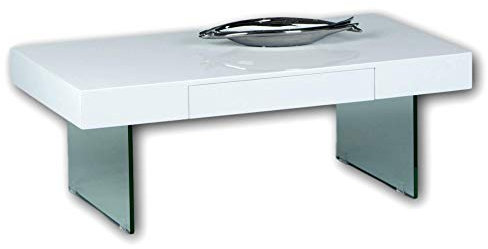 DAISY Moderner Couchtisch weiß Hochglanz auf zwei Glaswangen - stylisher Sofatisch mit Schublade für Ihren Wohnbereich - 110 x 40 x 60 cm (B/H/T)