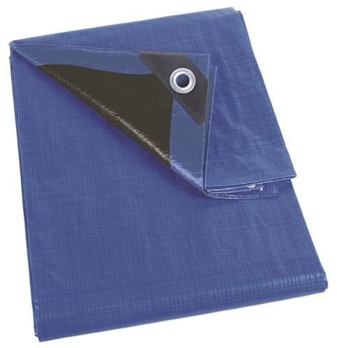 Perel Abdeckplane 6 x 10 m, wasserdichte Plane 180 g/m2 Polyester, 32 Ösen, für Gartenmöbel Holz Anhänger Boot Garage Baustelle, verstärkte Ecken, extra Starke Schutzplane außen, blau schwarz