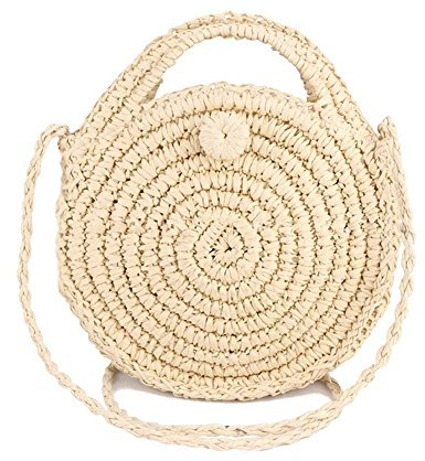 Minetom Sac de Plage en Paille Femmes Ronde Sac à Bandoulière à la Main Rétro Sac Tissé à l'herbe Sac de Voyage à Glissière Sac de Messager A Beige(23x23x7cm) Taille Unique