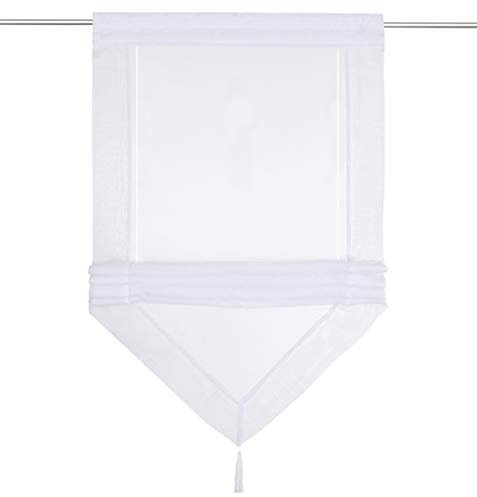 Raffrollo mit Quaste Dreieck Raffgardine Voile Transparent Tunnelzug Vorhang (BxH 60x140cm, Weiß)